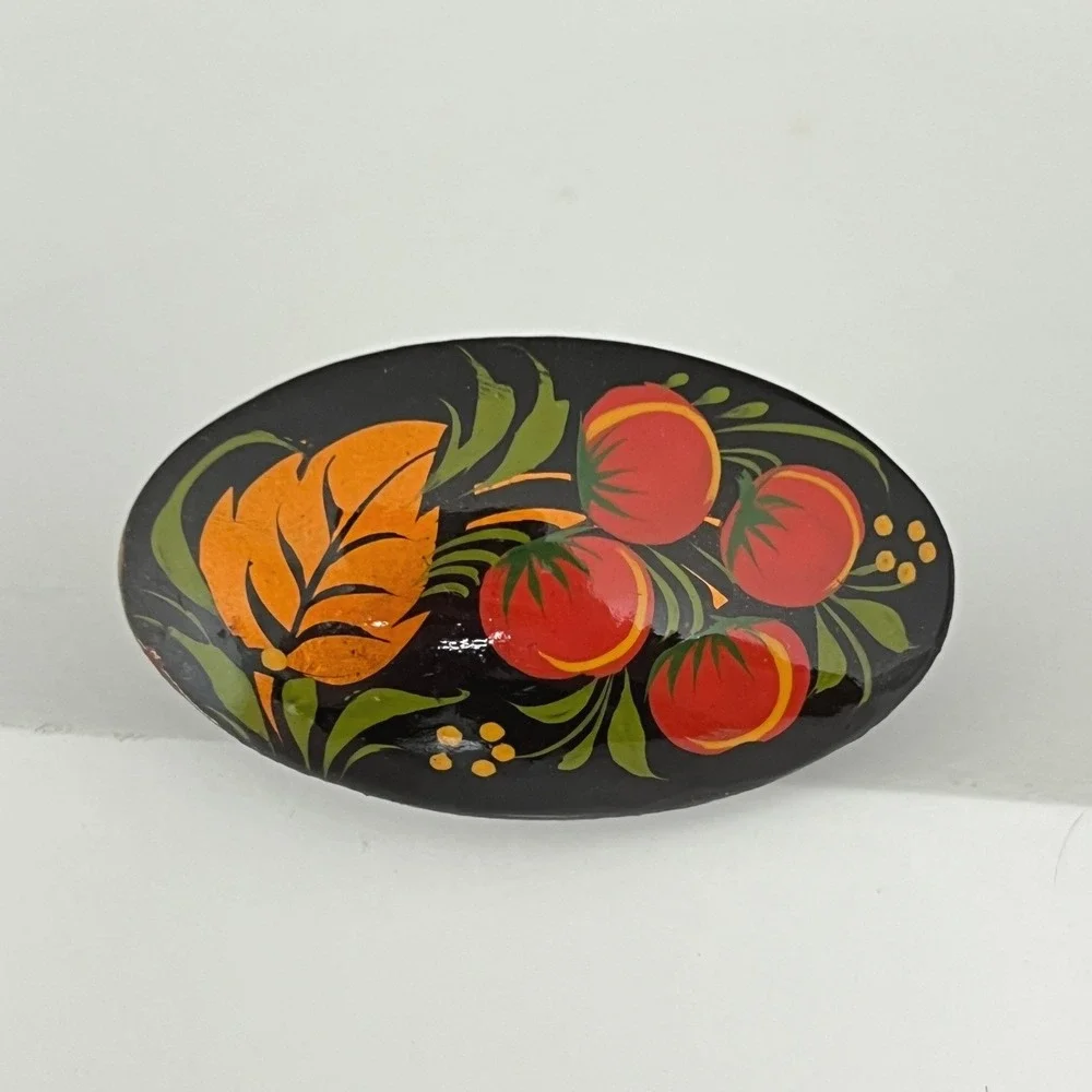 Vintage Lacquered Brooch Hand Painted‎ Black Gold Fruit Berries Khokhloma